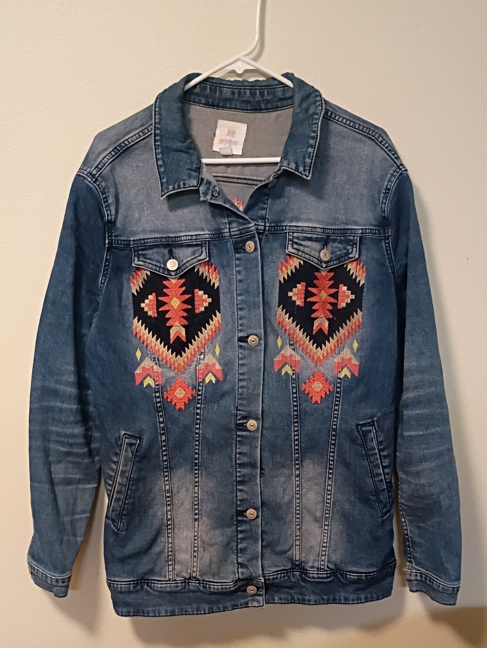 Lularo Women's Embroidery XL Denim Aztec Casual Festival Hippie Atleisure Jacket